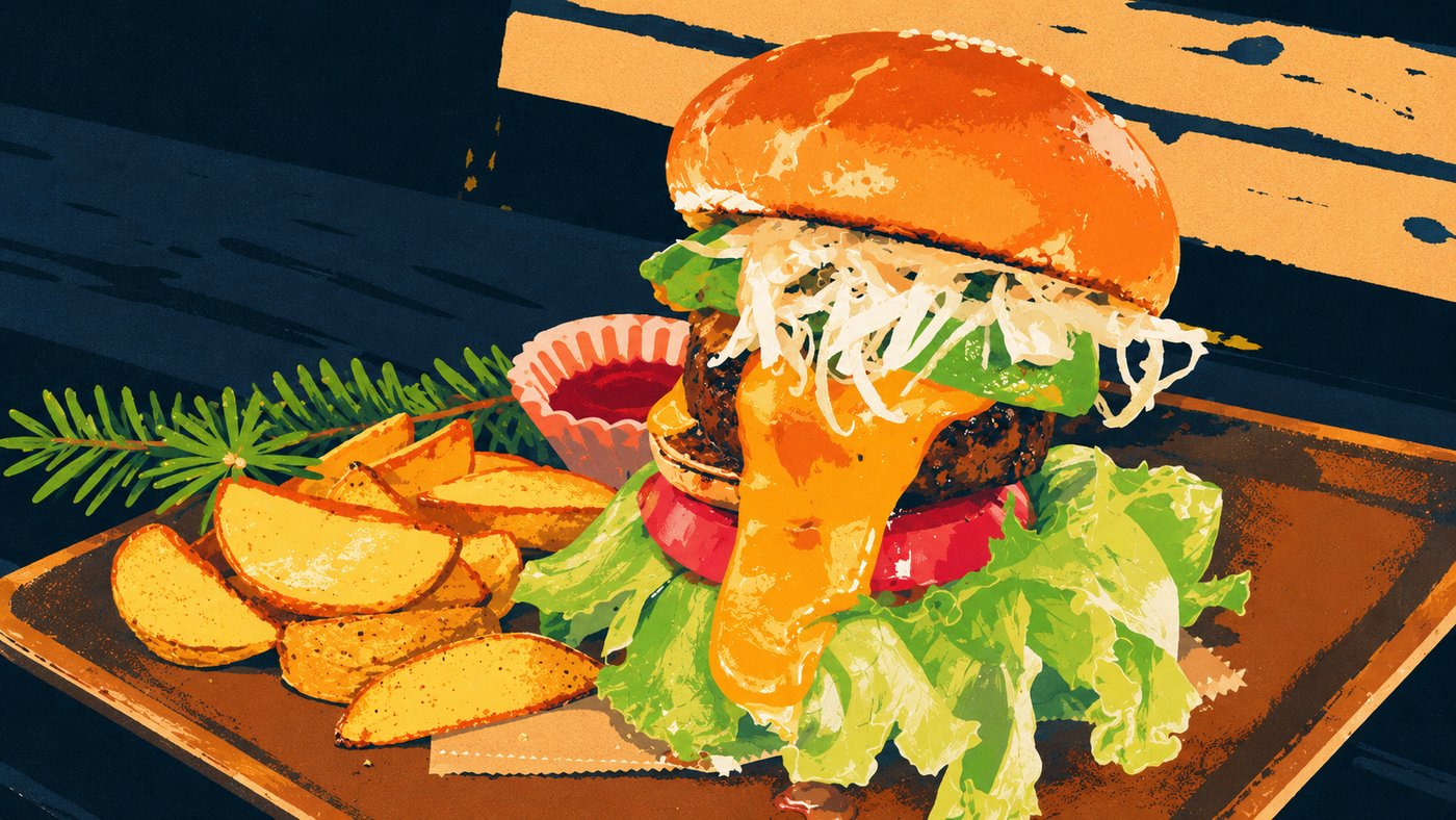 自家製ハンバーガーとポテトのイラスト